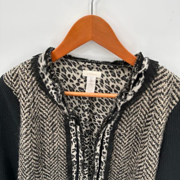 Chico’s Herringbone Tweed Wool Blend Blazer Jacket with Leopard Trim // S - Picture 2 of 12